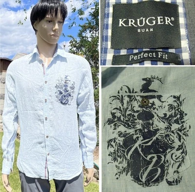 Camicia lino KRUGER BAUM tratto dirndl bavaria oktoberfest bottoni legno 38 uomo S - Immagine 1 di 4