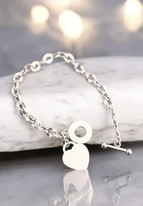 Silver Heart Toggle Bracelet, Engraved Heart Pendant Toggle Bracelet Gift - Picture 1 of 23