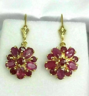 Simulated Oval Ruby Flower Women's Drop/Dangle Earrings 14K Yellow Gold Plated - Image 1 of 4