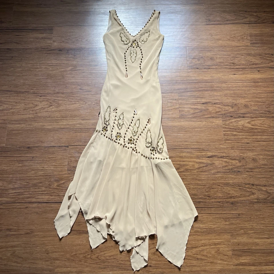 复古 90 年代 Y2K 鸡尾酒礼服米色手帕串珠仙女奇思索斯罕见 — 第 1/4 张图片