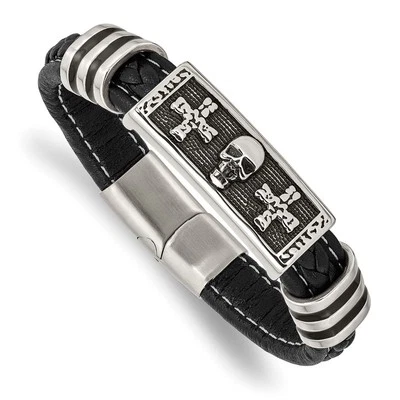 Stainless Steel Enameled Skull Crosses Black Braided Faux Leather Bracelet 8.5" - Image 1 of 4