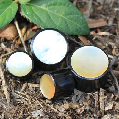 PAIR of Organic Buffalo Horn Saddle Ear Plug With Mother of Pearl Inlay - Image 1 of 4