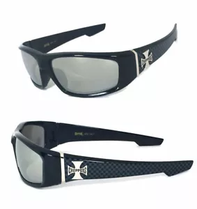 Choppers Mens Motorcycle Biker Sunglasses Shiny Black Frame Smoke Mirror Lens - Picture 1 of 5