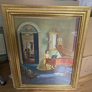 Conrad Leigh Print Victorian Woman Piano Parlor Conservatory Suitor Gold Frame - Picture 1 of 9