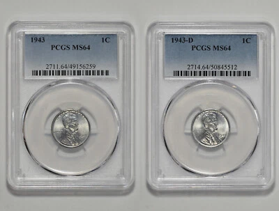 1943 P + D 1C Lincoln Steel Wheat Cent PCGS MS 64 Two Coin Lot - Image 1 of 4