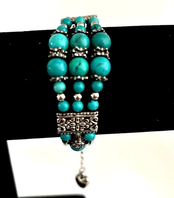 Silvertone Gemstone Howlite Turquoise Cuff Bracelet With Adjustable Safety Chain - Image 1 of 4