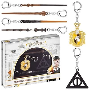 Harry Potter Wand Keychain 6pk Hufflepuff Crest Deathly Hallows Remus Neville - Picture 1 of 6