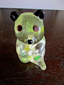 Panda Bear 3 1/2"  Clear Glass With  An Infused Yellow  Flower Paperweight - Picture 1 of 4
