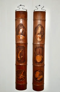 VTG Old Chinese Qi Baishi Hand Carved Bamboo Wall Art Panels Birds Fruit Insects - Picture 1 of 8