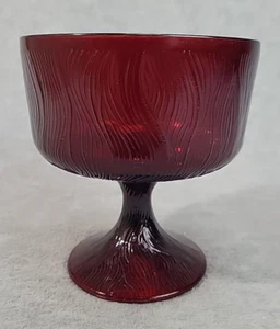 Vintage Ruby Red Hoosier Glass Candy Dish Bowl Compote Swirl Bark Pedestal 6" - Picture 1 of 7