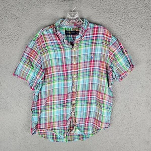 Polo Ralph Shirt Men Large Multi Plaid Pony Logo Short Sleeve Linen Button Down - Picture 1 of 7