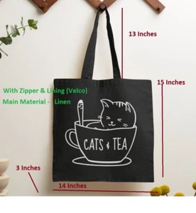 Reusable Shopping Grocery Gift Tote Eco shoulder bag with zipper and lining-Cat - Picture 1 of 3