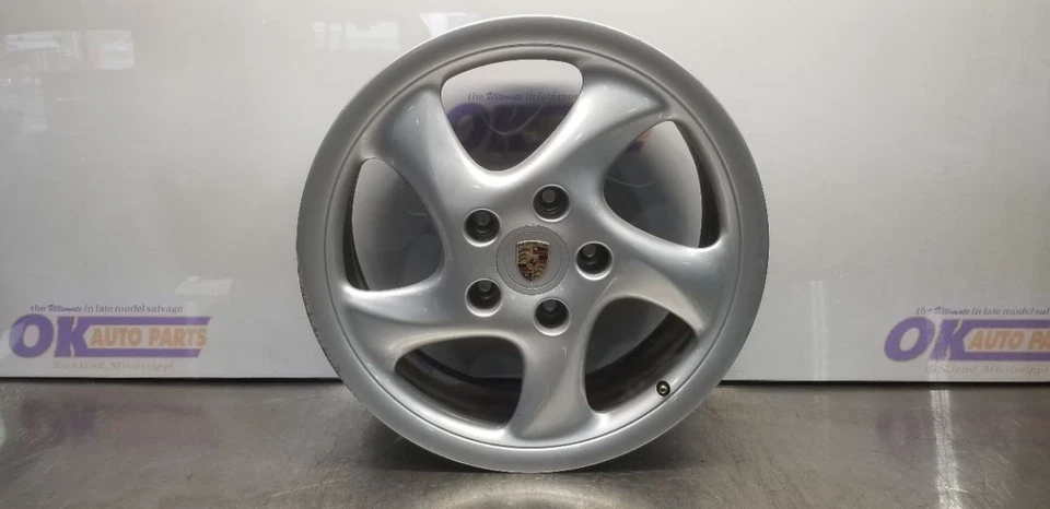 2000 PORSCHE 911 996 CARRERA 18X7.5 CURVED 5 SPOKE WHEEL RIM SILVER - Image 1 of 4