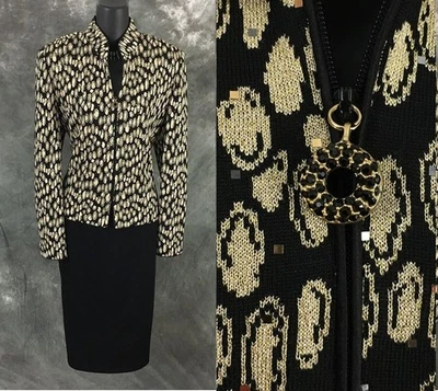 BEAUTIFUL st john evening knit black gold rhinestones embellished skirt suit 10 - Image 1 of 4