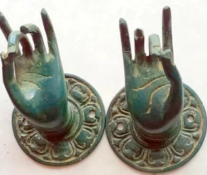 2 small handle hand solid hollow brass door old style knob hook 2.1/4 " buddha - Picture 1 of 12