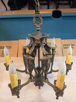 6 Arm/Light Vintage Spanish Revival Wrought Iron Chandelier w/ Heraldic Crests - Image 1 of 4