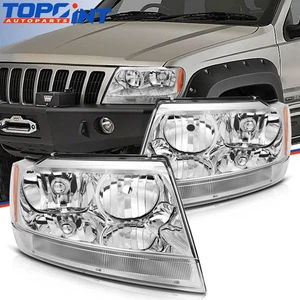 Pair Headlights Assembly For Jeep Grand Cherokee 4.0L 4.7L 99-04 Chrome Housing - Picture 1 of 7
