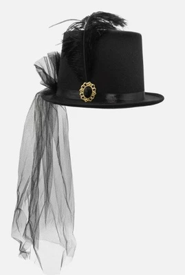 Nicky Bigs Womens Black Felt Victorian Style Top Hat with plume & veil, Large - Image 1 of 4