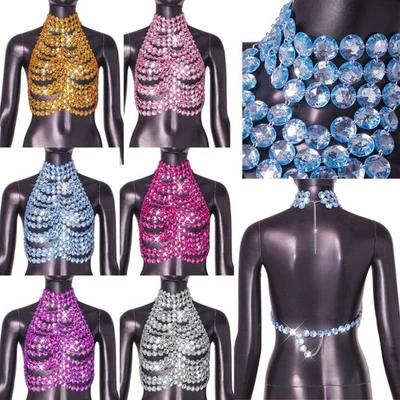Womens Crop Top Beach Rhinestone Bikini Cami Body Chain Festival Nightclub - Image 1 of 4