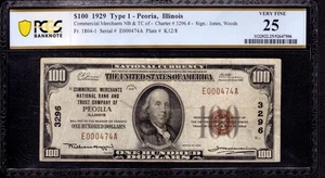 1929 $100 COMMERICAL MERCHANTS NATIONAL BANK NOTE PEORIA ILLINOIS PCGS B VF 25 - Picture 1 of 4