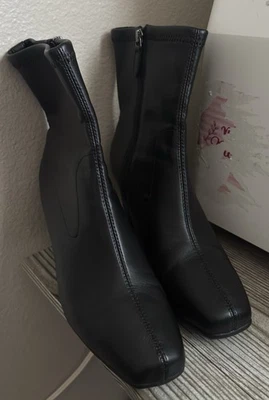 Botas hasta la rodilla para mujer talla 6,5 ancho cuero negro punta cuadrada Foto 1 de 4