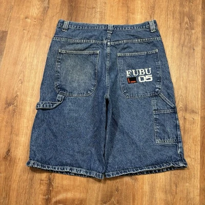 Vintage FUBU Carpenter Denim Jean Shorts Blue Jorts Baggy Embroidered Mens 38 - Image 1 of 4