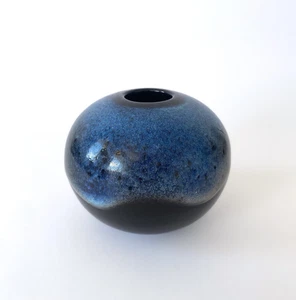 Yvon Le Douget Signed Blue-Black Enameled Sandstone Ball Vase - Contemporary - Picture 1 of 17