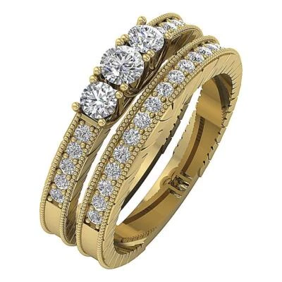Lab Grown Diamond VS F 1.15Ct 3 Stone Bridal Engagement Ring Set 10K Yellow Gold - Image 1 of 4