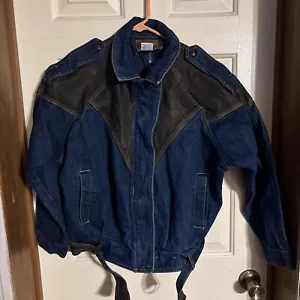 Vtg GADGET Denim Blue Jacket Coat Medium Faux Leather Full Zip W/Belt Straps - Picture 1 of 10