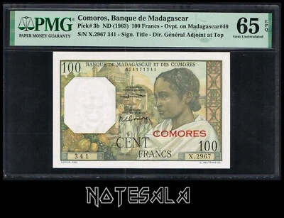 COMOROS COMORES 100 FRANCS ND (1963) Pick-3b PMG 65 GEM UNC EPQ S/N X.2967 341 - Image 1 of 2
