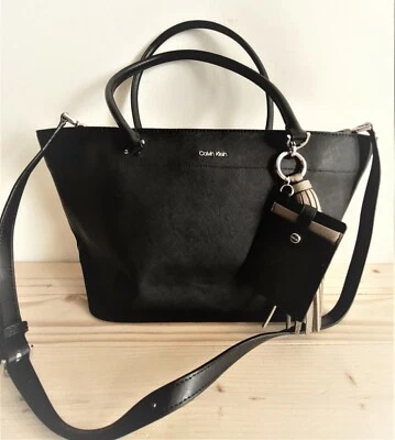 CALVIN KLEIN SUSAN SAFFIANO LEATHER TOTE & SHOULDER BAG BLACK/SILVER - FREE SHIP - Image 1 of 4