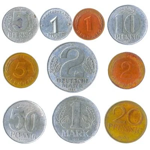 10 DIFFERENT COINS FROM EAST, WEST, FEDERAL GERMANY: PFENNIG, MARK 1948-2001 - Picture 1 of 8