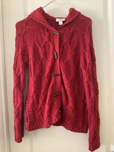 EUC Loft Red Button Front Hooded Cable Knit Sweater w/ Pockets 100% Cotton Sz S - Picture 1 of 8