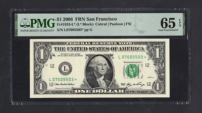 United States-Federal Res One Dollar 2006 Fr#1933-L* (L* Block) UNC Grade 65 - Image 1 of 2