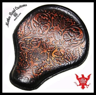 2017-2022 Triumph Bonneville Bobber Seat 13x15" AntBrn Tooled Oak Leaf Saddle - Image 1 of 4