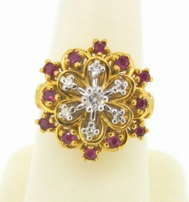 Ring 14ky gold 12 round rubies and 7 round diamonds cluster size 6 1/4 ruby - Image 1 of 4