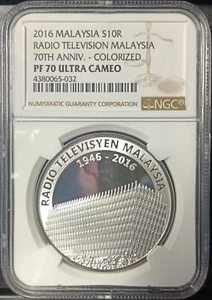 MALAYSIA 2016 S10R RADIO TELEVISION MALAYSIA 70TH ANNIV. -COLORIZED NGC PF70. - Picture 1 of 4