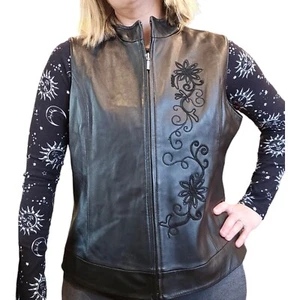 Y2k schwarz Leder Blumen bestickt Reißverschluss Weste groß Biker kantig gefüttert - Bild 1 von 10