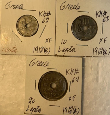 Greece 1912 Five 5, 10 & 20 Lepta 3 Extra Fine XF coin lot, KM#62, 63 & 64 - Image 1 of 4