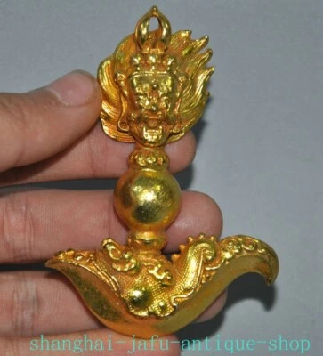 2.4" Tíbet bronce dorado cabeza Mahakala estatua equipo Dorje Vajra phurpa faqi Foto 1 de 4