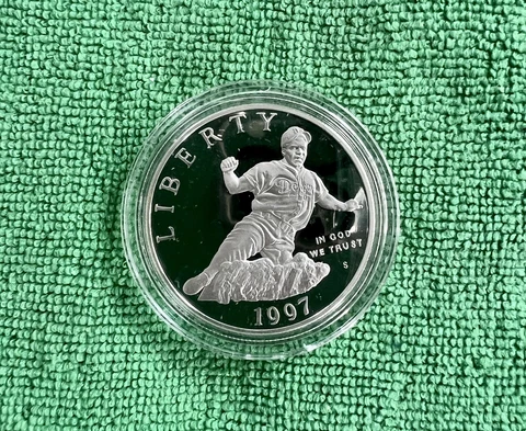 1997 S Unc MLB Proof Silver Dollar $1 Jackie Robinson 50th Anniversary Coin Cover