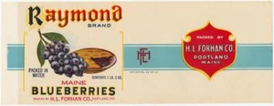 Raymond Maine Blueberries Vintage Can Label H. L. Forhan Co. Portland, Maine - Picture 1 of 2