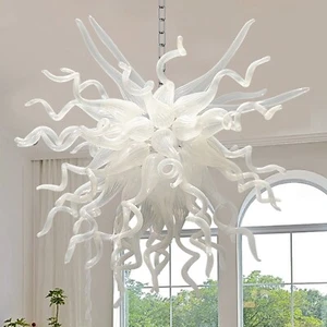 Hand Blown Glass Chandelier Milk White Art Glass Ceiling Light Fixture 24"x24" - Picture 1 of 11