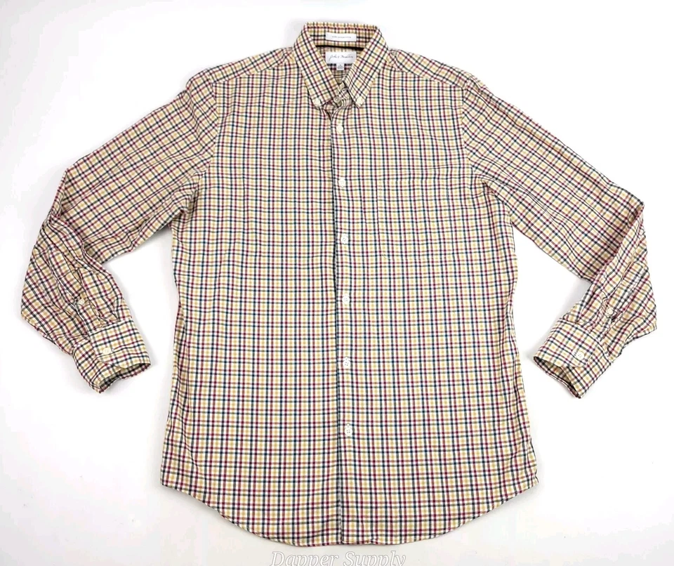 John W. Nordstrom 正装衬衫中号格子纽扣红色黄色蓝绿色米色  — 第 1/4 张图片