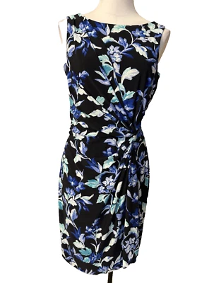 American Living 连衣裙 10 蓝色黑色白色花卉无袖弹力可水洗新品 — 第 1/4 张图片