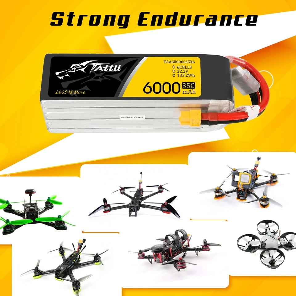 TATTU 6000mah 35c 22.2v 6s Lipo Battery X60 Plug for RC Drone Helicopter Quad