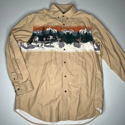 Croft & Barrow Shirt Mens Size XL Beige Denim Western Wolf Canvas Outdoor  Horse - Image 1 of 4