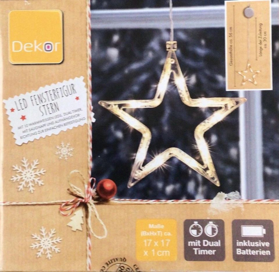 LED Leucht Stern warmweiß Saugnapf Weihnachten Fenster Deko Timer Batterie 17x17 - Bild 1 von 1