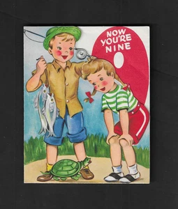 vtg 1940s Wishing Well GREETING BIRTHDAY NOW NINE Card Boys Fishing Fish Turtle - Picture 1 of 3