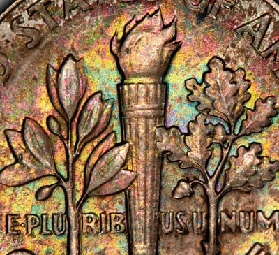 1959 10c Silver Roosevelt Dime - PQ Pastel Rainbow Toning - BU - SKU-Z6378 - Image 1 of 4